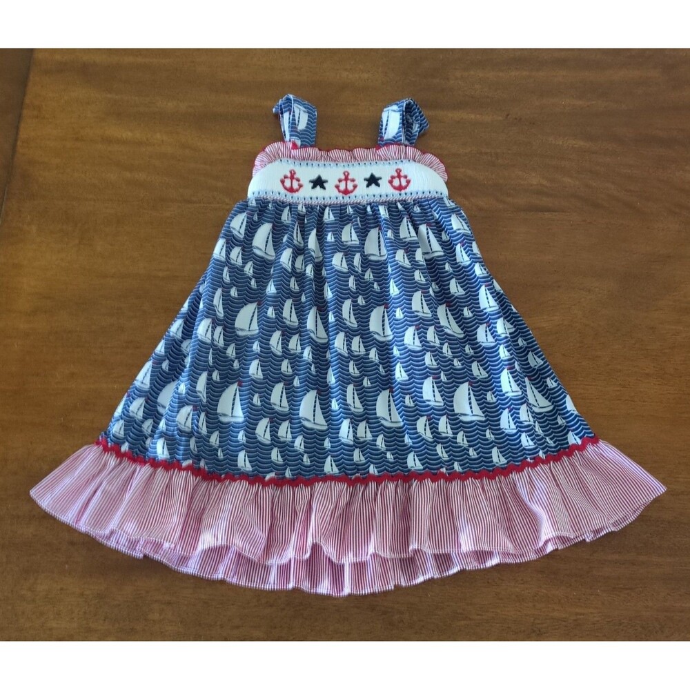 SHRIMP & GRITS BLUE SMOCKED DRESS  SAILBOAT PRINT AND EMBROIDERED ANCHOR size 4